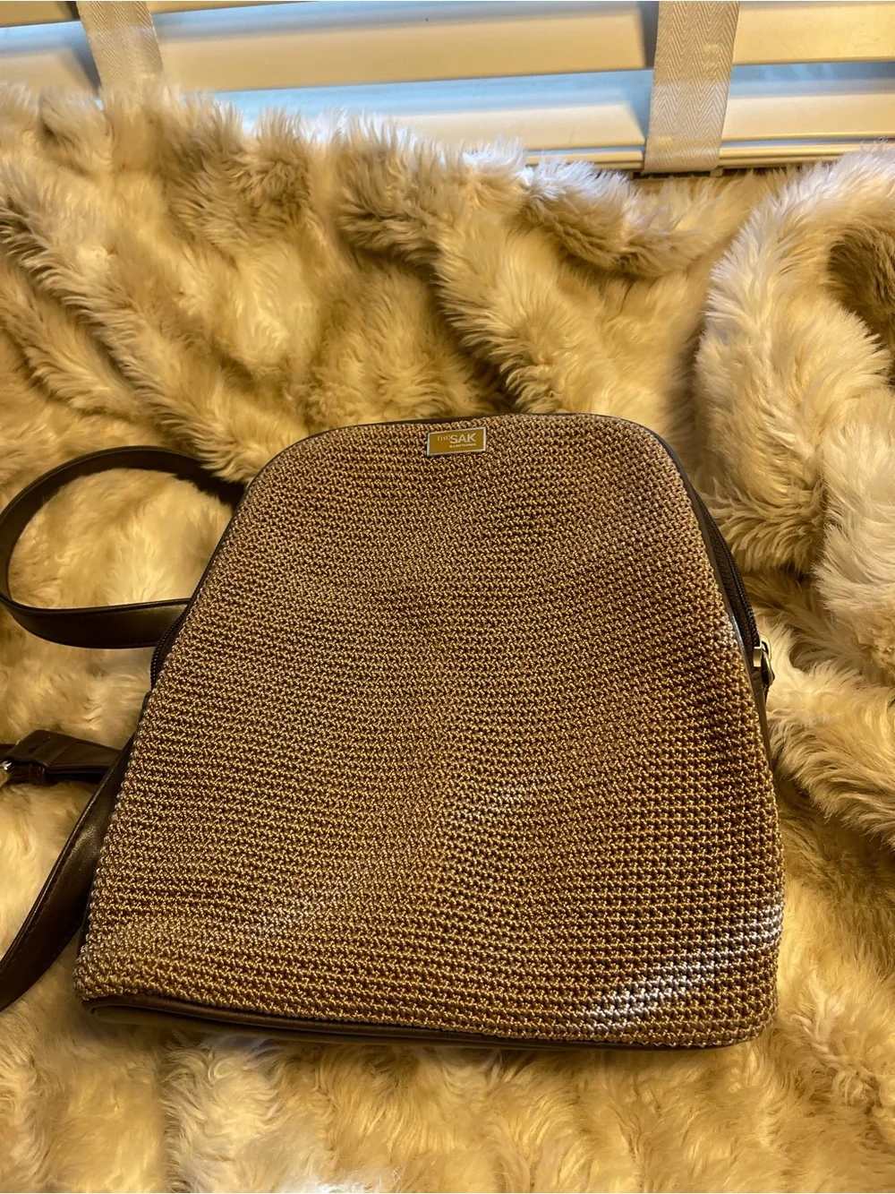 The Sak Brown Woven Backpack with Dark Trim